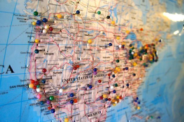 Map of United States with pins in locations